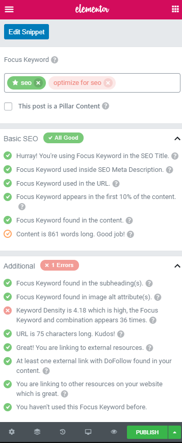 SEO options in Elementor
