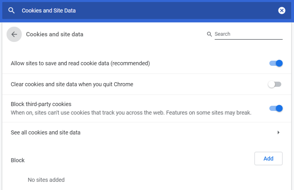 Google Chrome Cookies and Site Data Setting