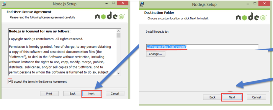Accept the agreement and click next to select folder for Node.js setup files