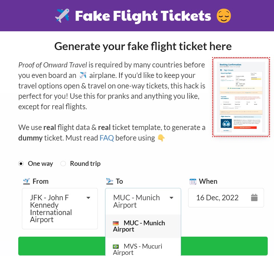 fake travel ticket free